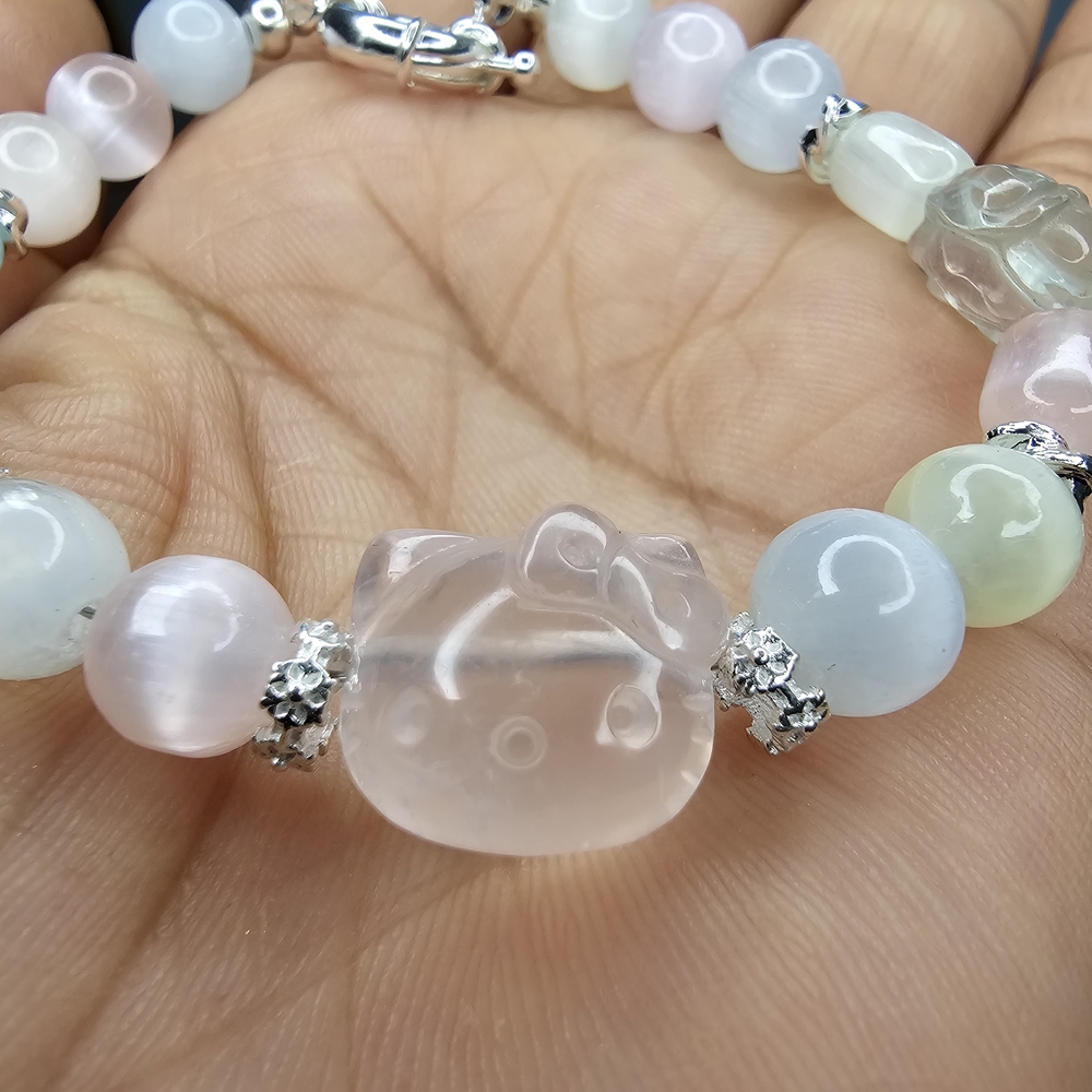 NEW HELLO KITTY Rose Quartz, Selenite &, Flourite Pastel Beaded Bracelet